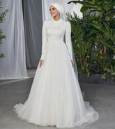 Vestidos De Novia A-Line Tulle Lace Muslim Bridal Dress for Bride Long Sleeve Hijab Islamic Wedding Gown Arabic Dubai